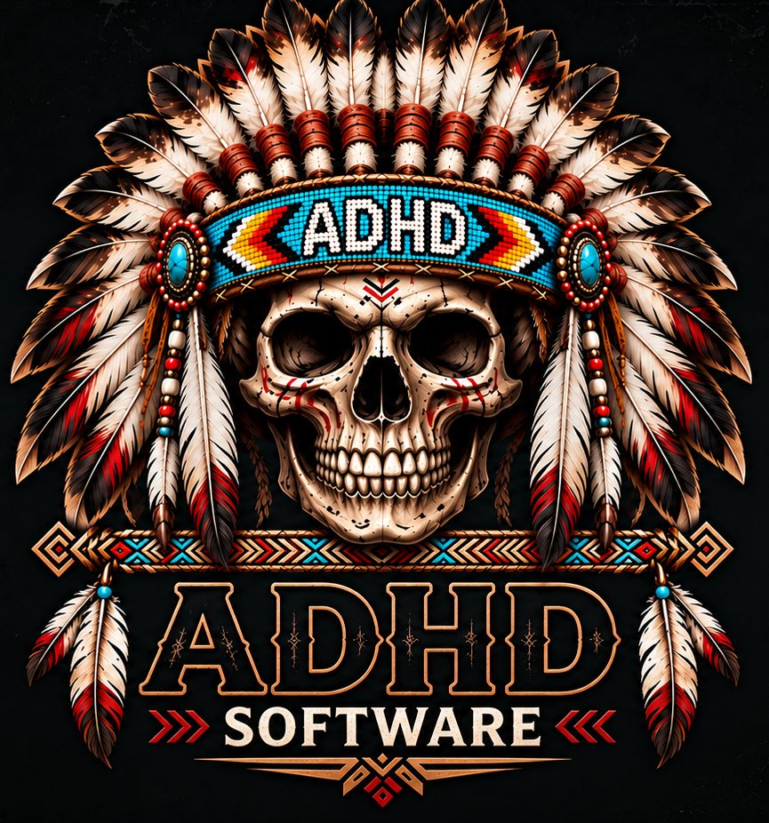 ADHD Software logo: a skull wearing a feathered headdress with ADHD beaded on the headband